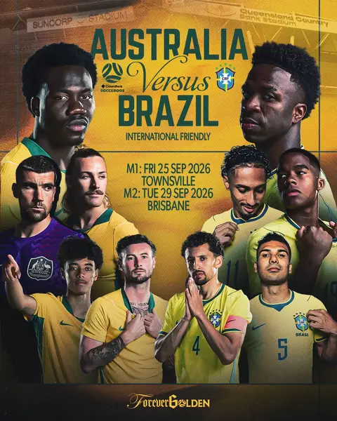 BATTLING BRAZIL IN QUEENSLAND 🇦🇺🤝🇧🇷 We'll be taking on five-time #FIFAWorldCup champions Brazil in a two-match friendly series in Townsville and Brisbane this September! 👏 📰 Details via our website. 🇦🇺 v 🇧🇷 - 25.9.26 🇦🇺 v 🇧🇷 - 29.9.26 🎟️ Ticket Pre-sale from 9am, Wednesday 1 July 🎟️ Ticket General Public on sale from 1pm, Thursday 2 July.