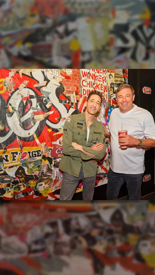 Adrien Brody unveiled his latest piece, “Cane’s Anthem,” for Todd Graves on the 3rd anniversary of Raising Cane’s Global Flagship in Times Square.  “Cane’s Anthem is a vibrant mixed-media collage that was born from admiration and respect for my friend Todd Graves the Owner and Founder of Raising Cane’s. . . the work echoes the grit, perseverance, and entrepreneurial spirit that defines Graves’s journey, the spirit of NYC and an urban aesthetic that has always spoken to me growing up here” - Adrien Brody   Check out link in bio for more info.