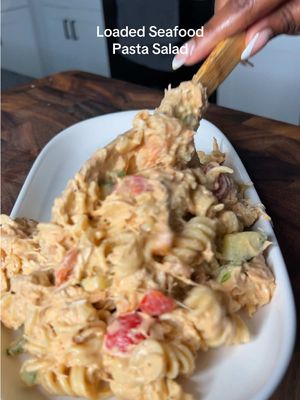 Loaded Seafood Pasta Salad                    Seafood Pasta Salad  1 lb rotini noodles  1 lb salmon (Old Bay’ed & air fried) 1.5 lbs shrimp ( Old Bay’er & steamed) 12oz Jumbo lump crab meat  @Hellmann’s Mayonnaise  Green & orange bell pepper  Grape tomatoes  English cucumber  Red onion  Celery  @McCormick Spices Salad Supreme  @OLD BAY Seasoning  Italian dressing  *season to taste  *Atlanta- I purchase my Chesapeake Bay jumbo lump crab from the Dekalb Farmers Market in Decatur  #pastasaladrecipe 