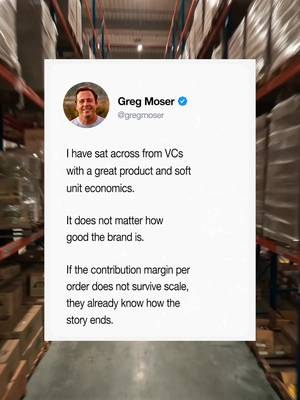 Great product. Great brand. Doesn't matter. I have sat across from VCs looking at pitches like this, and the only number they actually care about is contribution margin per order. If that margin does not survive scale, they already know how the story ends before the founder does. Follow for more on what VCs actually look at.