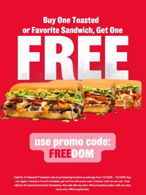 bread white and blue szn 🥖🤍💙 use promo code FREEDOM to get BOGO Toasted or Favorite Sandwiches online or in the app from 7/3 to 7/5 with JJ Rewards™