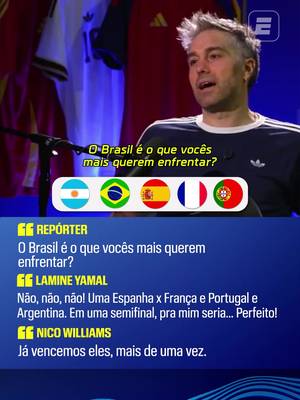 ELES QUEREM A FRANÇA! 👀🇪🇸🇫🇷 No podcast La estrella que nos une, Nico Williams e Lamine Yamal revelaram qual seria o cenário ideal para a Espanha nesta Copa do Mundo: enfrentar a França nas semifinais! Será que esse duelo vai acontecer? Curtiu, fã de esportes? 👉 Assista à Copa do Mundo FIFA pela CazéTV no #DisneyPlus, sem custo adicional. #ESPN2026 #FIFAWorldCup #tiktokesportes