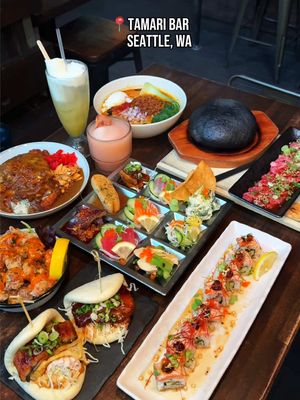 Yuzu Cream Soda, Strawberry Yuzu Calpico Slushie, The Rockin Wagyu Beef, K Popcorn Chicken, Premium Unagi Bao, Buta Bao, Dan Dan Ramen, Tora 9 Kinds Appetizers Platter, Spicy Salmon Sushi, Osaka Cheese Chicken Katsu Curry, & Baiten Black Sesame Soft Serve 📍 Tamari Bar 🍻 ⁣ ⁣ Tamari Bar is located in the Capitol Hill neighborhood of Seattle, WA. I always love coming to this izakaya, they have a great variety of dishes on the menu and I love the fun lively vibes here. No matter what dish you order, it’ll be delicious. From tasty drinks, flavorful katsu curry, ramen, shareable bites, to sushi, yummy soft serve and so much more!  Come for lunch, happy hour or dinner and order a bunch of dishes to share! ⁣ #izakaya #katsucurry #seattlefood 