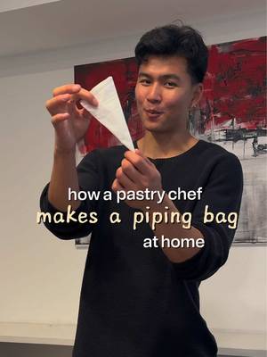 Kitchen Techniques Ep. 3: DIY Piping Bags Did you know? You can make a piping bag (aka a "cornet") from parchment paper? It’s better for the environment, and it actually provides more control for detailed work. Here’s how a pastry chef taught me to make it: 1. Cut a piece of parchment paper into a triangle  2. Orient the triangle with the longest side facing you and the right angle pointing away 3. Roll one side corner inward toward the top center point to start the funnel 4. Wrap the opposite side corner all the way around the outside to meet at the back 5. Pull the overlapping paper corners to tighten the tip until the bottom hole closes completely 6. Fold the top overlapping points downward into the bag to lock the shape in place 7. Fill the bag only halfway to prevent spilling out the back 8. Fold the top down securely like a toothpaste tube, and snip the tip to size If you want to learn more restaurant techniques, then follow me as I share all the industry secrets. Happy cookin! #bakingtips #cookingtechniques #homecook #pipingbag