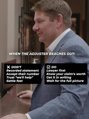 When the adjuster reaches out, it may sound like they're trying to help - but their job is to protect the insurance company. Avoid giving a recorded statement, accepting the first offer, trusting verbal promises, or settling before you know the extent of your damages. Talk to a lawyer first, learn the value of your claim, ask for everything in writing, and understand the full impact of your injuries before signing anything. #CarAccident #PersonalInjury #Insurance #TexasLaw #LegalTips