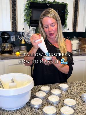 ☀️🏖️ TALLOW SUNSCREEN 🌊 I promised you guys this recipe, and honestly i was so excited to share it. This is one of my favorites since we’ve completely stopped using store-bought sunscreen! ingredients: -1000g rendered tallow (missed the render video? head to my page, i posted it last week) -397g coconut oil -99.5g beeswax -413g non-nano zinc oxide method: melt your rendered tallow down low and slow in the crockpot. once it’s melted, add your beeswax and let that fully melt too, low and slow, no rushing it turn off the heat, pull it off, set it on a cooling rack so it cools evenly. stir in your coconut oil now. you’ll want to stir it every 15 min while it cools so it doesn’t set unevenly once it’s cooled, head outside with an N95 mask and pour your zinc oxide into your mixing bowl. pour your cooled tallow/beeswax/coconut oil mixture right on top of it. mix gently until the powder is fully incorporated, no dry pockets then whip it on high until you get the fluffy consistency you want pipe into your tins and you’re done storage: keep it in the fridge or a cool dark spot, good for 3-6 months (up to about a year in the fridge) estimated SPF: roughly 25-30 (based on zinc oxide %, not lab-tested... )