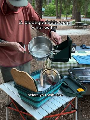 * Scrape food scraps into the trash first. * Heat water on your camp stove and use biodegradable soap to wash everything in a basin. * Dump the wash water, then refill the basin with fresh hot water for a final rinse. * Dispose of your dishwater according to the campground’s guidelines. Some campgrounds have designated wastewater drains, while others recommend straining it and scattering it at least 200 feet from lakes, rivers, and streams. * Dry everything completely before packing it away.