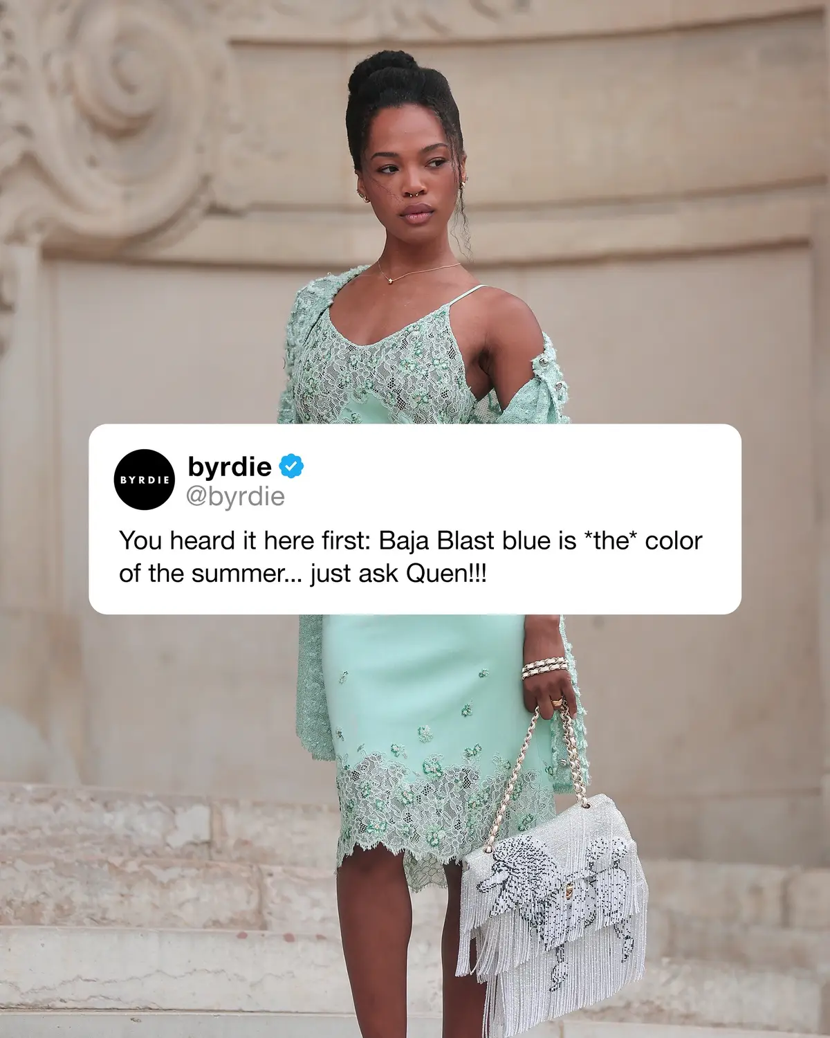 Calling all the #BajaBlast girlies! Your color of the summer has arrived. Just ask @quenblackwell, who pulled up to the @chanel couture show in a Baja Blast blue number—after wearing a similar hue at the @jacquemus show just a few days before. The It girls have spoken—the food-inspired color of the season has arrived. 📸: @gettyimages #quenlinblackwell #chanel #quen 