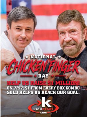 Chuck Yeah! This National Chicken Finger Day, we're celebrating a true legend. We're partnering with the Norris family to honor Chuck Norris, a close friend of our Owner and Founder, Todd Graves. On 7/27, help us raise $1M for his foundation Kickstart Kids.  