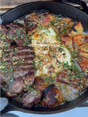 Steak & Eggs, cooked entirely in a cast iron pan on my balcony. There’s something about a hot cast iron, a ribeye, crispy potatoes, and eggs that just feels right. Ingredients: * 1 ribeye steak * Salt & black pepper * 3 Yukon Gold potatoes, cut into large chunks * 1 onion, julienned * 3 eggs * 1 tbsp neutral oil Cowboy Butter: * 1 stick (½ cup) butter, melted * 2 cloves garlic, minced * 2 tbsp chopped parsley * ½ tsp chili flakes * ½ tsp Cajun seasoning * ½ tsp cayenne pepper * Salt & black pepper, to taste Method: 1. Preheat a cast iron pan in a 500°F pizza oven (or any very hot oven). Add the neutral oil and sear the ribeye until medium-rare to medium. Remove and let it rest. 2. Add the onion and cook until deeply golden. Stir in the potatoes and roast until they’re tender with crispy edges. 3. Push the potatoes to the outside of the pan, leaving a circle in the center. Crack in the 3 eggs. 4. Slice the rested steak. Pour in the cowboy butter, add the steak back to the pan, and let everything sizzle until the eggs are cooked to your liking. 5. Serve immediately and spoon that cowboy butter over everything. #steakandeggs #EasyRecipes #ribeye #torontofood 