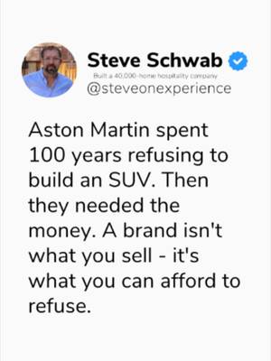 A brand isn’t what you sell, it’s what you can afford to refuse.  When your primary goal is simple top-line addition, you'll compromise your identity the second a market shift happens or cash gets tight. Look at Aston Martin: 100 years of holding a premium standard, only to fold and build an SUV when they needed the money. True brand integrity means sticking to your core principles even when it's inconvenient. The biggest mistake scaling operators make is assuming every new customer or product category is a win. Real corporate durability belongs to the companies that recognize what they do best and have the discipline to say "no" to everything else. Refuse the noise, secure your specialized niche, and let your distinct focus be your ultimate competitive moat.#hospitalityindustry #leadershipintegrity #propertymanagement