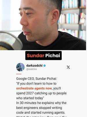 Sundar Pichai said if you don’t learn how to orchestrate agents now, you’ll spend 2027 catching up. I agree. This stuff compounds fast. First you learn prompts. Then agents. Then loops. Then systems that keep improving while you’re off doing something else. If someone starts today and you wait 12 months, they’re not a little ahead. They’re on a different planet. Comment “NEWSLETTER” for more on AI, business, and marketing.