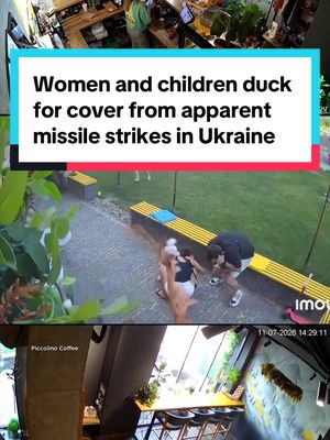 Surveillance video from a coffee shop showed the moment customers, including children, ducked for cover from apparent missile strikes Friday afternoon in Sumy, Ukraine.