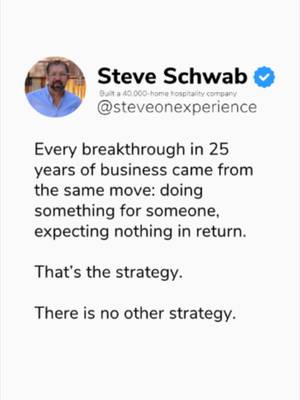 The strategy is simple: give without expecting.  Every breakthrough over 25 years in business came from the same move: doing something for someone and expecting nothing in return. That’s the strategy. There is no other strategy. We get so caught up in complex data dashboards that we forget hospitality is a human business. True scale isn’t built on transactional shortcuts or cutting corners, it’s built on radical stewardship. Prioritize your people, protect your homeowners, and let real value build your competitive moat.#hospitalitymindset #propertymanagement #shorttermrentals #companyculture