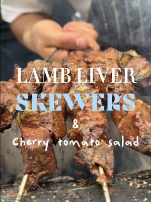 Turkish inspired lamb liver skewers with @kaianslife @Elijah!  Marinade Recipe:  1 Tablespoon yogurt 1 teaspoon harissa paste  Nice pinch of oregano & Pul Biber  Also very nice pinch of salt  Very very nice drizzle of @GOOD PHATS olive oil  And juice of 1 lemon (use the zest for the salad) Cherry tomato salad: Handful of cherries  Your favourite tomatoes  Parsley & mint  Spring red onion  I just dressed with with more olive oil, lemon juice + zest, more harissa but you can get creative and put whatever you like 🫶🏽 #lambliver #skewers #mangal #kebab #cookingonfire