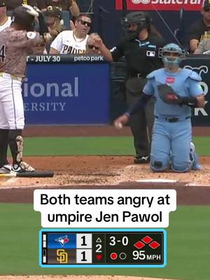 Padres and Blue Jays were both upset with umpire Jen Pawol. First she ejected Padres hitting coach Steven Souza Jr. after ruling that Sung-Mun Song didn't challenge in time, then Kevin Gausman and John Schneider were mad after she called a balk to force in a run #MLB #baseball #sports #umpire #ejection