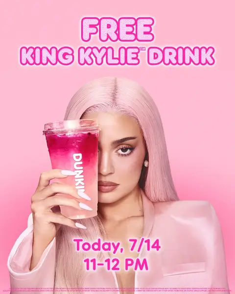 purchase ANY item and get a free medium King Kylie ™ drink for 1 HOUR ONLY from 11am to noon local time 👑 don't miss out! Offer valid for one free medium Kylie Collection Beverage with qualifying purchase made during the promo period at participating Dunkin' stores. Kylie Collection Beverages must be added to order when ordering in-store or in the mobile app. Qualifying purchases excludes individual Munchkins Donut Hole Treats or Cup of Water. Offer not available on delivery platforms. No cash refunds. Cannot be combined with any other offer, promotion, or coupon. While supplies last. Participation may vary.