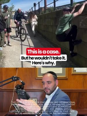 A bicyclist gets knocked over by a parkour guy mid-stunt. Injured. Legitimate legal claim. And we still would not take it. Because the question is never just whether you have a case. It is whether there is actually a way to get you paid. No insurance. No assets. No point. Personal injury lawyers work on contingency, which means if there is no realistic recovery, pursuing the case hurts the client more than it helps.  We would rather tell you the truth on day one than waste your time for months. We handle car accidents, truck accidents, motorcycle accidents, slip and fall, trip and fall, premises liability, construction accidents, pedestrian accidents, and personal injury cases across all 5 boroughs of New York City. Free consultation (516) 531-7833.