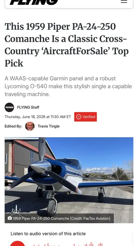 Our 1959 Piper PA-24-250 Comanche was selected as a FLYING Magazine AircraftForSale Top Pick! Not every aircraft gets featured—we’re proud to see this classic recognized. Read the full article https://www.flyingmag.com/this-1959-piper-pa-24-250-comanche-is-a-classic-cross-country-aircraftforsale-top-pick/ #flyingmagazine #aircraftsales #piperaircraft #aviationdaily #aircrafts 