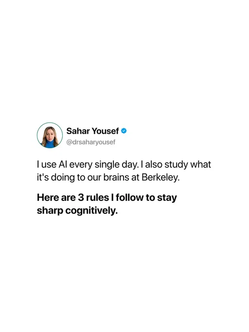 Everyone's racing to offload more to AI. I get it, the pull toward ease is human, it's evolutionary. But the brain is a muscle, and a muscle you stop using atrophies. These 3 rules are how I maintain high performance without quietly losing the ability to think for myself. Steal them. Which one are you worst at? 
