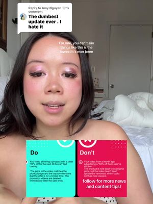 Replying to @Amy Nguyen 🤍 so here’s a general summary of the new rules  and this will go back to videos posted within the 90 days:  💫 if you ever mention a sale  it has to be accurate and you have to mention an end date 💫  you cannot just allude to a sale or create a sense of urgency. It has to be very clear and specific. 💫  even after you follow these rules once the sale is over you will still have to delete the video  Yes TikTok is actually urging that you routinely go through your videos and delete them periodically now.  if you do not do so fast enough, you will get a notice to remove your video. #tiktok#tiktokshopaffiliatek#tiktokshopaffiliateprogramk#tiktokshoptips