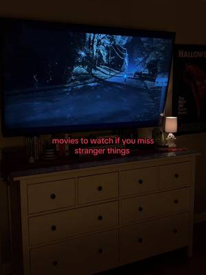 movies to watch if you miss stranger things 🎥✨ • or you can always just restart the show!!  • some movies that make me think of stranger things and give that same era/vibe!!  • • • • #moviereccomendations #movienightideas #strangerthings #cozymovienight #movienights 