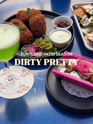 Kicking off Portland patio season with @dirty.pretty.pdx 🍻✨💕 Dirty Pretty is the sister bar to @pinkrabbitbar and @foolsandhorses, located on Burnside. They serve a creative cocktail menu alongside Taco Bell-inspired bites. 🌮 The space is beautifully decorated, and the patio is spacious, vibrant, and perfect for soaking up Portland’s sunny days. ☀️ We stopped by for happy hour (Monday–Friday, 4–6 PM), where specialty cocktails and food items over $7 are $2 off. 🫶🥳 My favorite drink was the Rocket Science, which the bartender recommended! It has gin, lime, simple syrup, and Fee Foam, and it was so refreshing. 💖 As for the food, it was solid as snacks while drinking!  I spent around $30 with tip for 2 drinks & all of the shared food, which I feel like is a good deal!! 🥺 I’d definitely come back for the cocktails and to hang out on the patio again. 🥹🍸 📍Dirty Pretty | Portland, OR 💸 Around $25+ per person during happy hour 🏷️ #portlandeats #portlandfood #pdxeats #pdxfoodie #portlandfoodie portland or • portland bars • pdx eats • pdx foodie • portland foodie