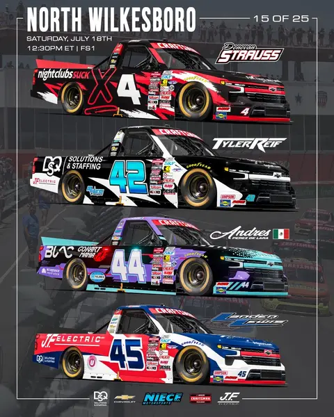 The NASCAR Craftsman Truck Series is heading to North Wilkesboro Speedway. Swipe for the lineup and previews ➡️ 4️⃣ @donovanstrauss_ | Night Club Sucks  4️⃣2️⃣ @tyler_reif_ | DQS Solutions & Staffing 4️⃣4️⃣ Andres Perez de Lara | Blac Racing Academy + GoKart Mania 4️⃣5️⃣ @Landenlewis99 | J.F. Electric  #PressTheAttack | #TeamChevy 
