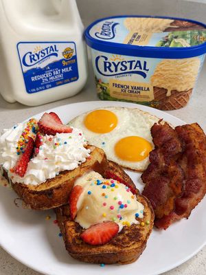 Making my wife breakfast because she is currently blind ❤️ It’s her second LASIK surgery, so for the next week, I’ll be her eyes and make sure she’s well fed. On the menu today: bacon, eggs, and French toast made with @crystal.creamery milk and topped with their Classic Vanilla Ice Cream. #crystalcreamerypartner #breakfast #frenchtoast #crystalcreamery 
