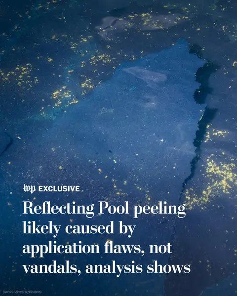 Post reporters identified seven locations at the Lincoln Memorial’s Reflecting Pool where the lining — a waterproof membrane that was painted onto the concrete basin — had partially or entirely peeled away.  The peeling occurred in irregularly shaped patches that stretched alongside the long edges of the pool. The pieces ranged in size from a few inches to as long as six feet. In one case, the concrete was visible underneath.  By comparing the seven locations with satellite imagery, photos and videos taken during the renovation process, the analysis found that all of the failures occurred at the seams — lines between two areas that were painted at different times. Four experts in waterproofing materials reviewed The Post’s findings and said the failure pattern strongly suggested errors in the application process. When The Post shared its findings with the White House and the Interior Department, spokespeople disputed that the surface had been improperly applied. “There were no missteps during the initial repairs to the pool,” said White House spokeswoman Taylor Rogers. Officials provided no evidence to support the administration’s assertion that the pool was vandalized. Atlantic Industrial Coatings, the contractor responsible for the project, and Mid-America Industrial Coatings, the subcontractor whose crews helped line the basin, did not respond to questions from The Post. Rhino Linings, which made the two products that coated the pool, also did not respond. Read more from The Washington Post by tapping the link in our bio. #dc #washingtondc #reflectingpool #trump