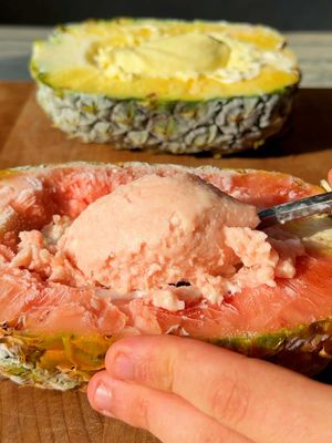 Two Ingredient Pineapple Sorbet with golden sunlight from the smoke floating around the air in New York 😅 #easydessert #pineapple #Recipe #cooking #icecream 