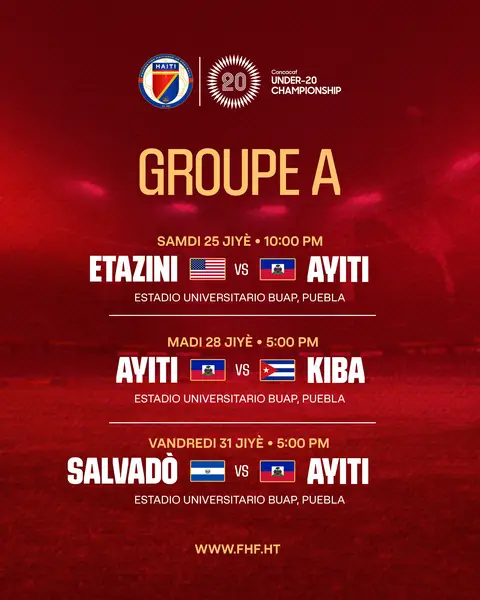 Men kalandriye Grenadye U-20 yo pou faz gwoup Concacaf Under-20 Championship la! Ayiti pral kòmanse kanpay li nan Gwoup A ak twa gwo randevou kont Etazini, Kiba ak Salvadò, nan Estadio Universitario BUAP, Puebla, Meksik. Chak match ap gen anpil enpòtans, paske se rezilta yo ki pral detèmine kiyès k ap kontinye nan konpetisyon an. 2 premye ekip nan chak gwoup, ansanm ak 2 pi bon ekip ki fini nan twazyèm plas, ap kalifye pou ka de final yo. Depi yon ekip ranpòte ka de final li, li asire plas li nan FIFA U-20 World Cup 2027 la. Kalandriye Ayiti: Etazini vs Ayiti — Samdi 25 Jiyè | 10:00 PM Ayiti vs Kiba — Madi 28 Jiyè | 5:00 PM Salvadò vs Ayiti — Vandredi 31 Jiyè | 5:00 PM Ann kanpe dèyè jèn Grenadye nou yo pandan tout konpetisyon an.
