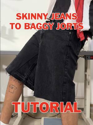 Skinny jeans to baggy jorts tutorial #sewing #upcycling #streetwear #y2k #jorts 