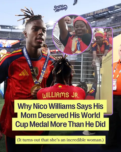 A son who loves his mother. 🥹 Nico Williams, a player on Spain’s national football team, defeated Argentina this past Sunday 1-0. When Williams accepted his medal, he thought of the woman who deserved most. He ran to the stands where he found his family and mother, Maria. And handed her his World Cup medal. “I run very fast. But I can’t run as fast as my mother,” Williams said. He details her journey from Ghana to Spain 7 months pregnant with his older brother, Iñaki Williams. “I gave her my medal because she deserves it more than anyone.”  📸: Getty / Gurugod123 on r/sports on Reddit / craquesd0futbol on IG #NicoWilliams #WorldCup #mother