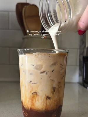 Brown sugar (frothed) not shaken espresso with brown sugar cold foam 🫶🏼🤎 @Amoretti brown sugar syrup is to die for!!  Recipe:  2 shots espresso brewed over-  1 tbsp brown sugar pinch of salt dash of cinnamon 1 tsp vanilla bean paste  Add milk & ice 🧊  Cold Foam:  2 tbsp heavy cream 1-2 pumps brown sugar syrup  #coffeeathome #CoffeeRecipe #coffeetiktok #shakenespresso 