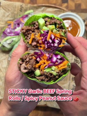SAVE THIS ‼️Sticky Garlic Beef Spring ROLLS with a low cal Spicy Peanut Sauce 🤯 (recipe 👇🏽)  IB: @SmallerSam_PCOS  Announcements: ✅ Want to lose weight without eating bland boring food? My digital cookbooks include 180+ high-protein recipes with calories and macros included and are 50% off rn and ! Grab yours on my website today 😊 ✅ (Macros and Calories Included) 💪🏽 ✅ I developed new seasonings for everyday cooking! @SpiceX is OUT now! 👀  Per spring roll + sauce included (makes x4): 313 calories | 29g P | 25g C | 8g F For the beef: Avocado oil spray, for cooking 🥑  1lb 93% lean Ground beef 🥩  @spicexseasoning (SPG)🧄  4-5 cloves Minced garlic 🧄  1 tsp Minced ginger 🫚  4 tbsp brown sugar 3 tbsp soy sauce GF 1 tsp sesame oil  2-3 bunches Green onion chopped 🥣 Peanut Dipping Sauce 26g PB2 powdered peanut butter 🥜  30g Teriyaki Marinade  1 tbsp soy sauce 1-2 tbsp sriracha (adjust to taste) 🌶️  1/4 cup water 💦  2 clove minced garlic 🧄  Optional: 1 tsp chili crunch oil  To wrap it up: 8 Rice papers Butter lettuce Shredded careots  Shredded Purple Cabbage  Cucumbers cut into match sticks  ENJOY 😍 . . . . #icekarim #healthyrecipes #EasyRecipes #mealprep #quickrecipes