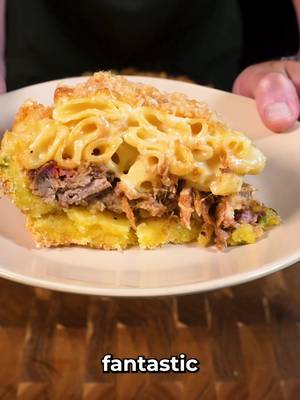 BBQ PIE  (Makes one 12-inch pie) Pulled Pork: 5 lb bone-in pork butt, 1/2 cup yellow mustard, 1 cup salt & pepper, 1/4 cup butter, 1/2 cup brown sugar. Score fat, coat with mustard and seasoning, smoke fat-side up at 275°F for 3 hrs to 170°F. Place in a roasting pan, top with brown sugar and butter, cover with foil, cook 2 more hrs to 203°F, cool 1 hr, then shred. Sauce: Simmer 1/2 cup ketchup, 2 cups apple cider vinegar, 1/4 cup each Worcestershire, yellow mustard & brown sugar, 1 tbsp each garlic, onion & mustard powder, smoked paprika, 1 tsp red pepper flakes, salt & pepper until thickened. Stir in 1 tbsp butter. Cornbread: Mix 1 box cornbread mix, 1 egg, 1/3 cup each water & milk, 1 cup chopped jalapeños. Bake at 400°F for 10 min in a greased pan, then press a smaller pan into the center to form the crust. Mac & Cheese: Boil 2 cups elbow macaroni 1 min under package time. Make a roux with 1/4 cup butter and flour, whisk in 2 cups whole milk and 12 oz evaporated milk, season with salt, pepper and 2 tbsp garlic powder, melt in 1 cup each sharp cheddar and Monterey Jack, then fold in pasta.