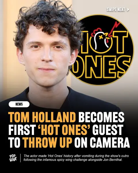 Tom Holland has become the first guest to throw up on camera during an episode of ‘Hot Ones.’  Appearing alongside his ‘Spider-Man: Brand New Day’ and ‘The Odyssey’ co-star Jon Bernthal, Holland completed the fiery wing challenge before becoming overwhelmed by the heat during the outro.  Host Sean Evans noted that Holland appears to be the first guest to vomit on set, with the actor joking afterward, "I love being the first!" while laughing off the moment.