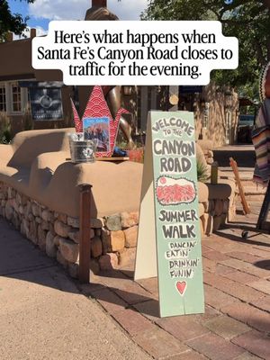 The Canyon Road Summer Walks (@canyonroadsummerwalks) are one of Santa Fe’s newest traditions, bringing together art, music, food, and community on select Wednesday evenings each summer. From 5 to 8 p.m., Canyon Road closes to vehicle traffic so you can stroll down the middle of the street while galleries stay open late, artists give demonstrations, interactive craft stations invite you to join in, live music fills the air, and local restaurants and bars serve food and drinks along the way. Our family went for the first time earlier this month, and we had such a great time! It was a low-effort, super family-friendly evening, and we ended up running into so many friends along Canyon Road. We grabbed dinner at Cafe Canyon (@cafecanyonsantafe), which I’d never been to before. They were serving tasty green chile bison burgers and some of the best potato salad I’ve ever had, which I highly recommend if it’s offered again! There’s so much to do and you can simply show up, wander, and see where the night takes you. The next 2026 Canyon Road Summer Walks are scheduled for August 5 and September 9 from 5 to 8 p.m. I definitely recommend adding one to your summer bucket list! Have you been to a Canyon Road Summer Walk?