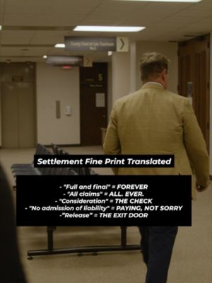 Settlement paperwork is full of legal language that can have permanent consequences. Terms like "full and final" or "release" aren't just formalities - they can determine what rights you're giving up. Before signing anything, make sure you understand exactly what the agreement says. Read the fine print before you sign. #PersonalInjury #Settlement #InsuranceClaim #TexasLaw #WestTexas #KeithAndLorfing #LegalEducation #KnowYourRights #InjuryLawyer #CarAccident