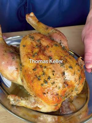 How to Make Thomas Keller’s Roast Chicken ⭐️⭐️⭐️ FULL RECIPE BELOW ⬇️  INGREDIENTS: 1 4-5 lb chicken 1.75L cups cold water 250g ice (~1 cup) 1/3 cup kosher salt + more to taste 2 tbsp granulated sugar 2 bay leaves 2 sprigs rosemary 1 tsp whole black peppercorns  1/2 lemon 1/4 lb + 1 tbsp butter  7-8 sprigs thyme 1 large carrot 2 Yukon gold potatoes  1 large leek 1 shallot 100mL white wine 1L chicken stock (no salt added) Freshly cracked black pepper (to taste) CHICKEN INSTRUCTIONS: 1. At least 48 hours before cooking, but ideally 3-4 days before cooking, make the brine for your chicken. Add your salt, sugar, bay leaves, rosemary, and whole peppercorns to a small pot, and cover with 250mL of your water. Bring to a boil, just until the salt and sugar is fully dissolved. Transfer your brine base to a large non-reactive container. Whisk in your 250g of ice to cool down the mixture. Add your remaining 1.5L of cold water. Add the juice from your 1/2 lemon, and throw the lemon in as well. Place your chicken into the brine, ensuring it is fully submerged. You can do this by placing a small plate on top of the chicken to weigh it down. Leave your chicken in the brine, refrigerated, for 1 hour per lb of chicken. In our case, 4-5 hours depending on the size of the chicken.  2. When your chicken is finished brining, remove it from the brine and place it on a small tray with a wire rack. Pat your chicken dry, and make sure you drain out any liquid in the cavity. Leave your chicken to dry in the fridge, uncovered for at least 24 hours, but ideally 2-3 days before cooking. 3. 1 hour before cooking your chicken, remove it from the fridge to come up to room temperature. While doing so, truss your chicken. You will likely need about 6ft of butcher’s twine. I use the technique from Chef’s Steps on YouTube. It pulls the legs away from the breast, and allows the skin to get crispy everywhere. Here’s the link to the video:  https://www.youtube.com/watch?si=n6qLSr-x_FgXR6-y&v=G2leEwcDhXo&feature=youtu.be 4. While your chicken is tempering, work on your vegetable garnishes. My vegetable & leek recipes are down below ⬇️. You will take all of your vegetable trimmings and scatter them underneath your wire rack, under your chicken, tossed with a small amount of olive oil. This will help develop flavour for your sauce later on.  5. Pre-heat your oven to 450 degrees Fahrenheit. Clarify your 1/4 lb of butter. You can do this by microwaving it until just melted, then skimming off the white "foam" that floats to the top (the milk solids). The butter does not need to be perfectly clarified. Brush your chicken generously with the clarified butter. At this point, season your chicken with only kosher salt. Place your chicken in the oven, and bake for ~30 minutes, or until the skin reaches your desired level of crispiness. Once the skin is where you want it, remove your chicken from the oven and turn the heat on your oven down to 350 degrees Fahrenheit. Very carefully brush a little more clarified butter onto your chicken. Sprinkle picked thyme leaves onto your chicken, as well as a generous amount of freshly cracked pepper. At this point, your chicken will likely be ~50C/122F at the thickest point of the breast. Place the chicken back into the oven at the new, lower temperature, until it reaches an internal temperature of 64C/147F - this will likely take another 15-20 minutes, if not longer. You can now remove your chicken from the oven, and allow it to rest for 25-30 minutes before carving. It will reach a final internal temperature of 74C/165F at the thickest point of the breast + deepest thigh joint.  RECIPE CONTINUES IN THE COMMENTS ⬇️ #roastchicken #roast #chicken #homecooking #Recipe 