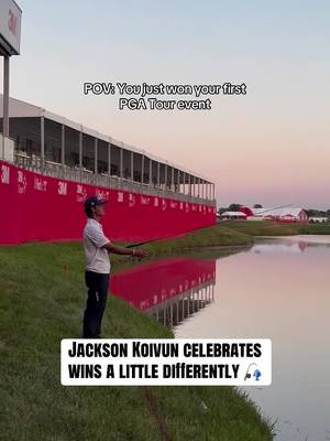 How is Jackson Koivun celebrating his first PGA Tour win? By going fishing in the pond by the 18th green at the 3M Open. #golf #PGATOUR 