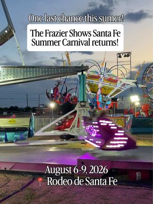 #Ad Before summer slips away, make sure this is on your calendar! @Frazier Shows Carnival is bringing the Santa Fe Summer Carnival back to Santa Fe, New Mexico August 6–9, 2026! It’s hard to believe we’re already talking about August, but if you’re looking for one more summer adventure before school starts and schedules fill back up, this is a fun one. Last year I spent the evening wandering through the carnival, watching the rides light up the night sky, playing games, and of course stopping for carnival food. There’s something about a carnival that makes you feel like a kid again. Here’s what you need to know: • Thursday, August 6: 6–10pm • Friday, August 7: 6pm–11pm • Saturday, August 8: 3pm–12am • Sunday, August 9: 3–9pm Admission is free but you will need tickets to ride the rides. Each ride takes between 4–7 tickets. • 1 ticket: $1 • 20 tickets: $20 • 40 tickets: $35 • 100 tickets: $75 Or grab a wristband for unlimited rides during these windows: • Thursday & Friday: 6–9pm • Saturday & Sunday: 3–6pm Wristbands are $30 at the gate or $27 online (they stop selling them one hour before they expire). Find it at Rodeo de Santa Fe, 3237 Rodeo Rd in Santa Fe, New Mexico. Who’s your go-to carnival buddy?