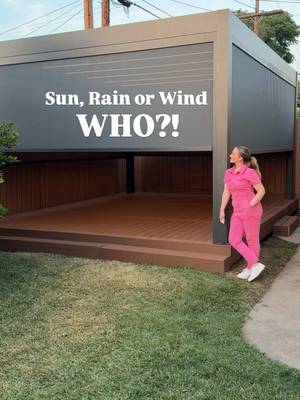 It went from a blazing hot desert, to an outdoor living oasis with our @BON Pergola set up! 😍 This is not only shade, but it’s an entire weather proof set up! The screens help block sun, wind, and rain! The gutter system collects all the rain to drain out of the bottom, the lighting dims from bright to moody and the top opens to allow as much sun or airflow as you’d like! There’s even a sensor you can get so it auto closes when it rains! 🙌 #bonpergolapartner #bonpergola #pergola #outdoorliving #backyard 