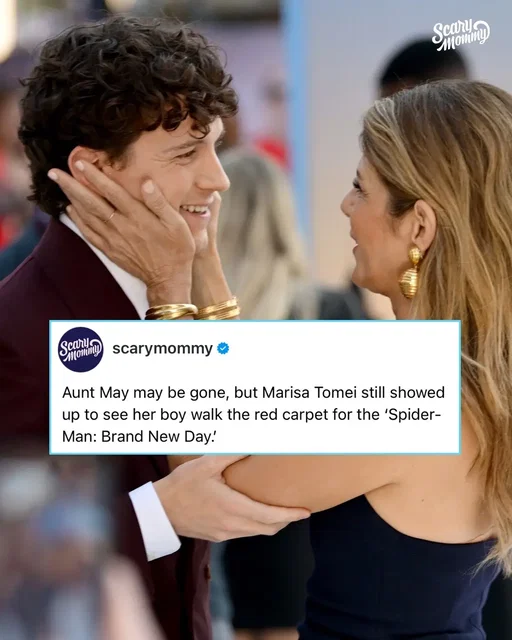 Crossing my fingers for an Aunt May flashback on Friday. 🤞 Marisa Tomei reunited with Tom Holland at the ‘Spider-Man: Brand New Day’ UK premiere has us all SOBBING. #SpiderManBrandNewDay #TomHolland #MarisaTomei