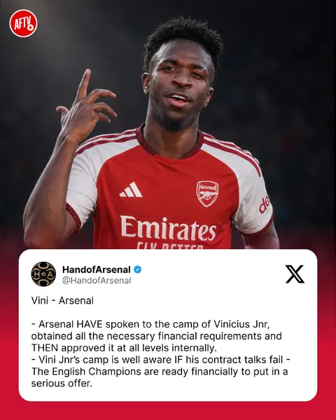 🚨 BREAKING: Arsenal HAVE spoken to the camp of Vinicius Jnr, obtained all the necessary financial requirements and THEN approved it at all levels internally. 👀 #arsenal #PremierLeague 🔗 @HandofArsenal  