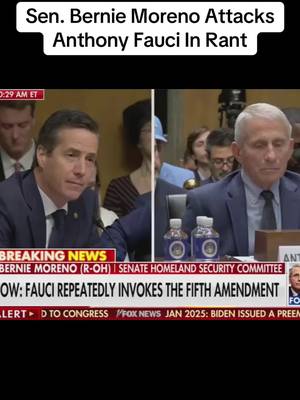 In a scathing, foul-mouthed attack, Sen. Bernie Moreno (R-Ohio) castigated Dr. Anthony Fauci and his handling of the COVID-19 pandemic during a Senate hearing Wednesday, as the nation’s former chief medical adviser sat tight-lipped, citing fears that his testimony would be used against him.