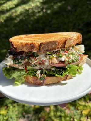 Summer Chicken Sandwich with  Basil Chimichurri and Burrata cheese  Recipe: Basil chimichurri: 1 3/4 cups fresh packed basil, chopped  1 teaspoon dried oregano 1 shallot, chopped 1/4 cup pickled Fresno chili peppers 3 garlic cloves, chopped  1 tablespoon red wine vinegar 1/2 cup olive oil  1/2 teaspoon kosher salt  1/2 teaspoon black pepper  -Add all ingredients to a bowl and mix well to combine. Let sit for 30 minutes to let the flavors combine.  Chicken:  4 chicken breasts salt pepper -Gently pound the chicken breasts between parchment paper to an even thickness. Season all sides with salt and pepper.  -Add olive oil to the chicken. In a pan over medium high heat, cook for 5-6 minutes, flip, and cook for an additional 4-5 minutes until internal temperature reaches 165°F. Toppings: Sourdough bread slices, toasted  Lettuce  Heirloom tomato slices Burrata cheese  Mayonnaise  -Add a layer of mayonnaise to the bottom slice of bread. Then add lettuce, chicken, tomato slices, burrata, and basil chimichurri. Top with another slice of bread and enjoy! #TikTokRecipeContest 