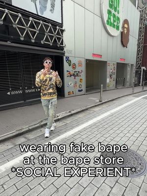 wearing 100% polyester bape at the japan tokyo bape store 😭✌️ (social experiment gone wrong) #whydna #streetwear #pickups #fashion 
