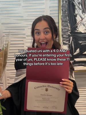 1. Your GPA starts IN FIRST YEAR. Your first grade will set the tone for all of your years in uni. It’s also usually the easiest years so MAKE IT COUNT. 2. Go to class. Simply showing up consistently puts you ahead of wayyy more people than you’d think. 3. Study consistently > studying A LOT. Reviewing a little after each class beats cramming the night before. 4. Get to know your professors. IM TELLING YOU- office hours can lead to better grades, advice, and future opportunities!! 5. Stop comparing yourself to others. Focus on building study habits that actually work for YOU. 6. Use a calendar from day one. Add every deadline and exam as soon as you get the syllabus. I used Google Calendar 7. Protect your sleep. A well-rested brain learns faster and performs better than an exhausted one 💤  8. Choose your friends wisely. The people around you will influence your motivation and habits!! 9. Use the resources on campus. Tutoring, writing centres, and career services are there to help you succeed plus you’re paying for them so why not? 10. If you can, DO A SEMESTER ABROAD!! 11. Remember why you’re there. Have fun, make memories, but don’t lose sight of your long-term goals!! 